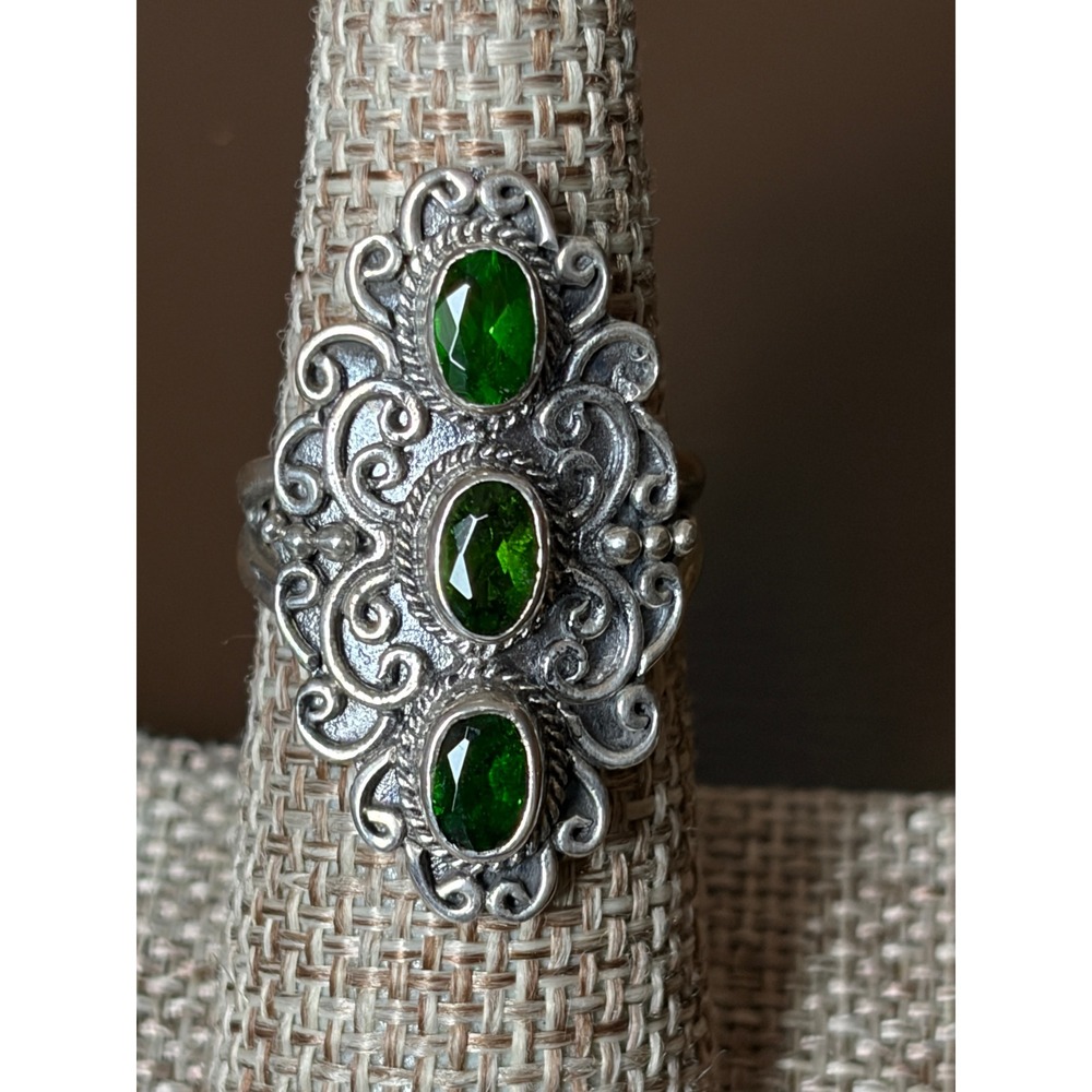 Vintage 925 Sterling Silver Ornate Filigree Three Stone Green Oval Long Ring sz7